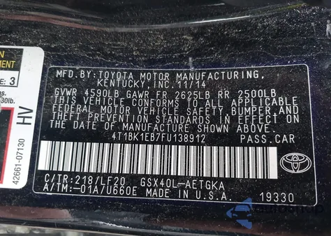 2015 Toyota Avalon Xle Premium from USA, damaged, VIN 4T1BK1EB7FU138912